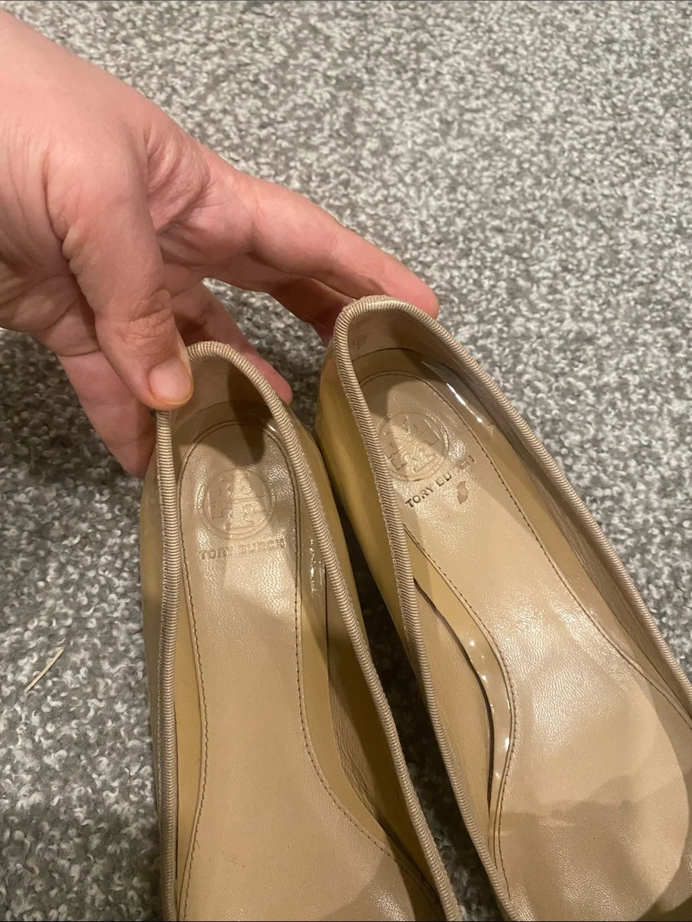 Tory Burch Nude Patent Leather Low Block Heel Ballet Flats with Logo